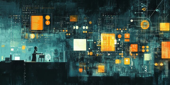 Creating software or games involves writing code. This illustration shows the process with symbols and coding windows, representing the world of computer science and technology.