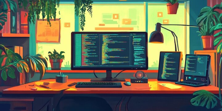 Creating software or games involves writing code. This illustration shows the process with symbols and coding windows, representing the world of computer science and technology.