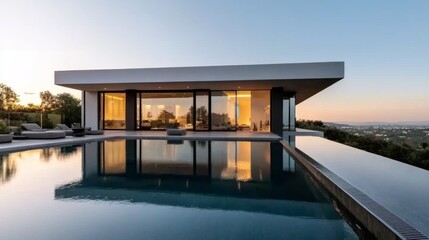 Fototapeta premium Modern Architectural Home with Infinity Pool and Evening Sky