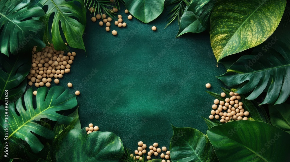 Poster scattered soybeans are displayed among lush tropical leaves, creating a vibrant green background tha
