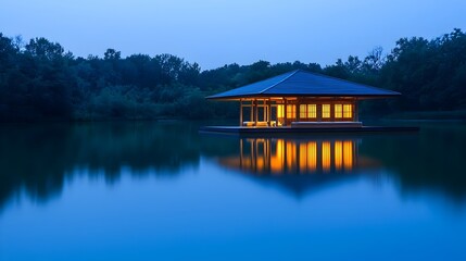 Obraz premium Floating Yoga and Wellness Pavilion on Calm Lake at Twilight