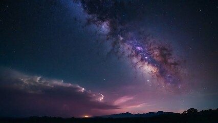 The stars of the universe shine against the background of a dark blue purple pink sky