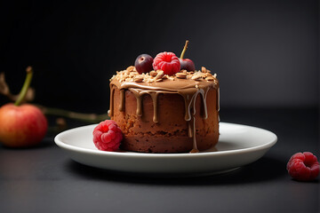 Small cake with chocolate and berries on a black background. Studio photo close up