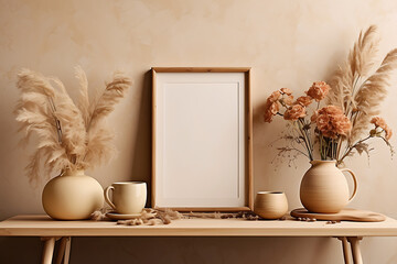 A blank poster in a wooden frame stands on the table. Interior design with dried flowers