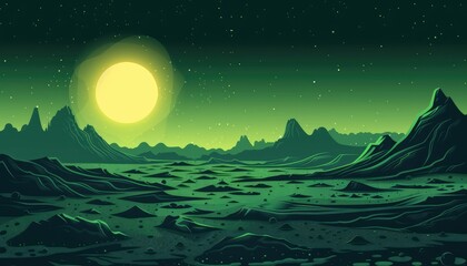 Obraz premium A Night Sky with a Large Yellow Moon Over a Green Mountain Landscape