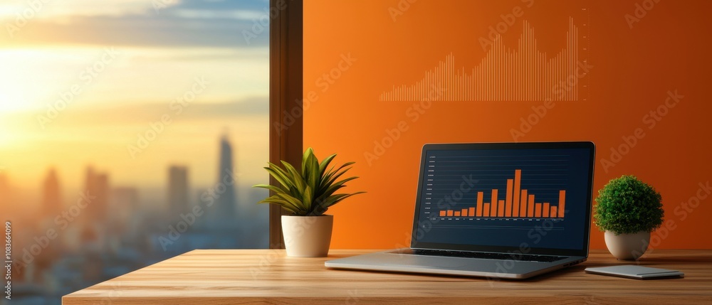 Poster a modern workspace featuring a laptop displaying data graphs against a sunset backdrop, highlighting