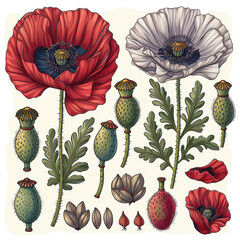 Botanical poppy illustration, showcasing vibrant red and white blooms, detailed foliage, seed pods, vintage style. Isolated on white background or PNG