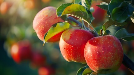 Obraz premium A close-up of ripe red apples hanging on a tree branch, showcasing their vibrant color and fresh appearance.