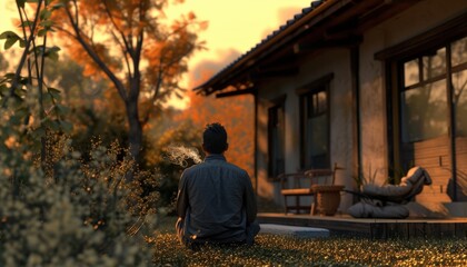 Fototapeta premium Contemplative figure enjoying serene autumn scenery from porch, peaceful moment of solitude in golden season, nostalgic outdoor meditation scene.