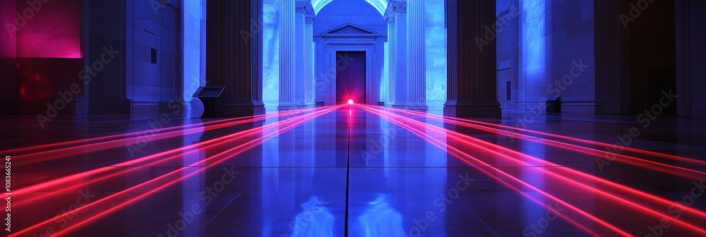 Poster Bright red laser beams illuminate a modern art gallery, casting vivid patterns across the polished floor and enhancing the atmosphere. Generative AI