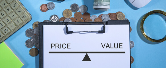 Price and Value on scales. Business concept