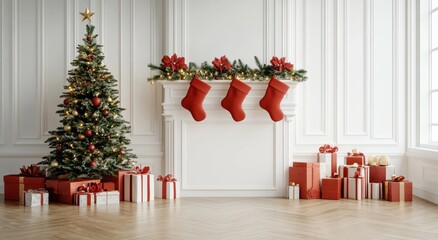 Fototapeta premium Beautiful 3D rendering of a Christmas tree adorned with red and silver ornaments, surrounded by wrapped presents and festive stockings for a classic holiday atmosphere