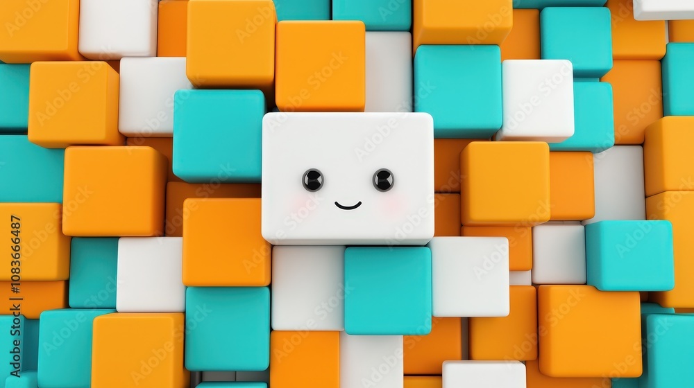 Poster happy cube face in colorful 3d block pattern background