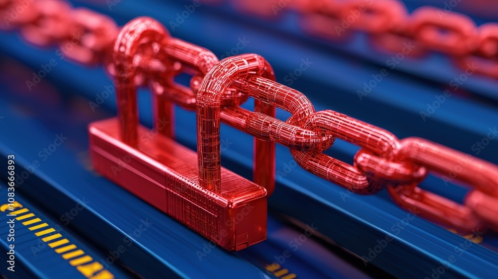 Poster secure data chain red padlock chain link on blue server racks