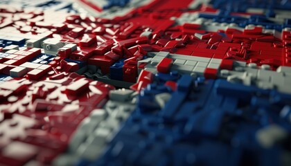 Abstract puzzle pieces in vibrant red and blue tones, creating a mesmerizing pattern of fragmentation and unity, showcasing intricate detail and depth in macro photography.