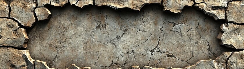 Obraz premium A cracked wall surface with a large, empty space in the center, showcasing a rough texture and worn-out edges.