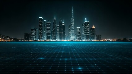 A nighttime cityscape with illuminated skyscrapers and a glowing grid foreground.