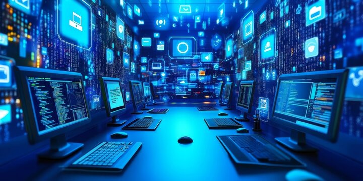 This image shows the idea of creating software or games using computer code. It uses 3D symbols and windows to represent the process of programming. It's about the world of computers and technology.