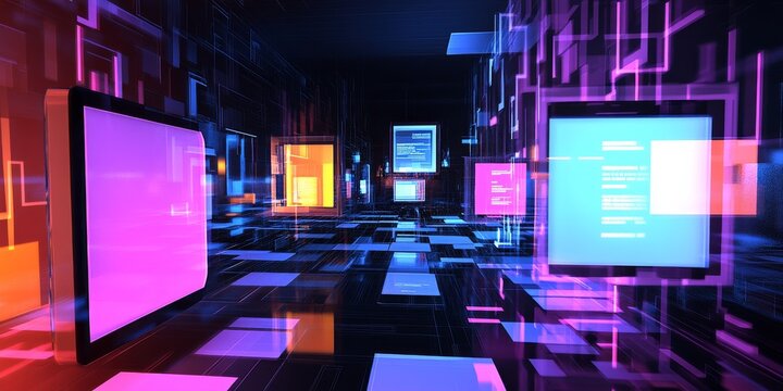 This image shows the idea of creating software or games using computer code. It uses 3D symbols and windows to represent the process of programming. It's about the world of computers and technology.