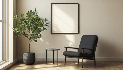 Fototapeta premium Minimalist Living Room with Armchair, Plant, and Empty Frame.
