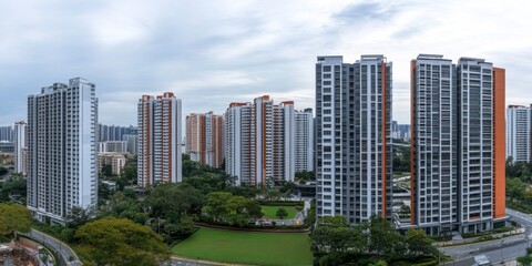 Fototapeta premium Modern residential buildings rise in a vibrant city landscape. The high-rise apartments showcase contemporary architecture and lush greenery. This image reflects urban living. AI