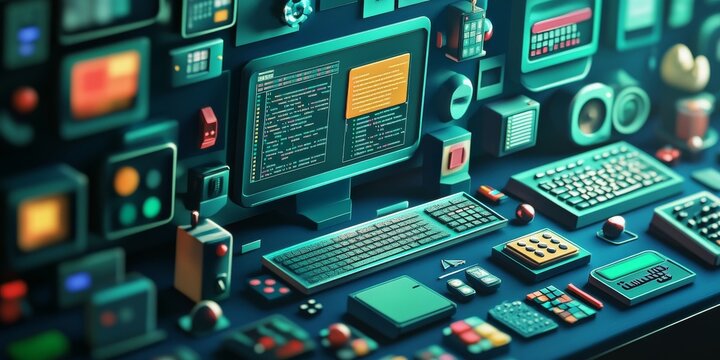 This image shows the idea of creating software or games using computer code. It uses 3D symbols and windows to represent the process of programming. It's about the world of computers and technology.
