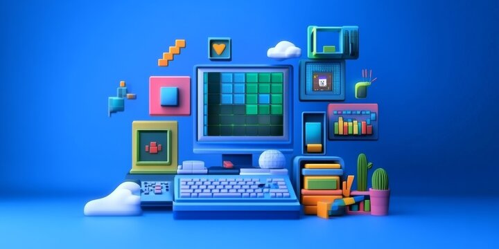 This image shows the idea of creating software or games using computer code. It uses 3D symbols and windows to represent the process of programming. It's about the world of computers and technology.