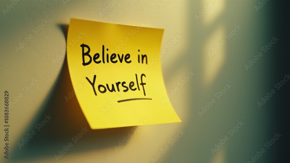 Poster sticky note with the handwritten message 'believe in yourself :)' pinned with a red thumbtack on a w