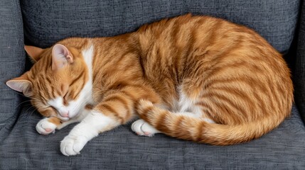 Ginger cat sleeping curled on grey sofa.