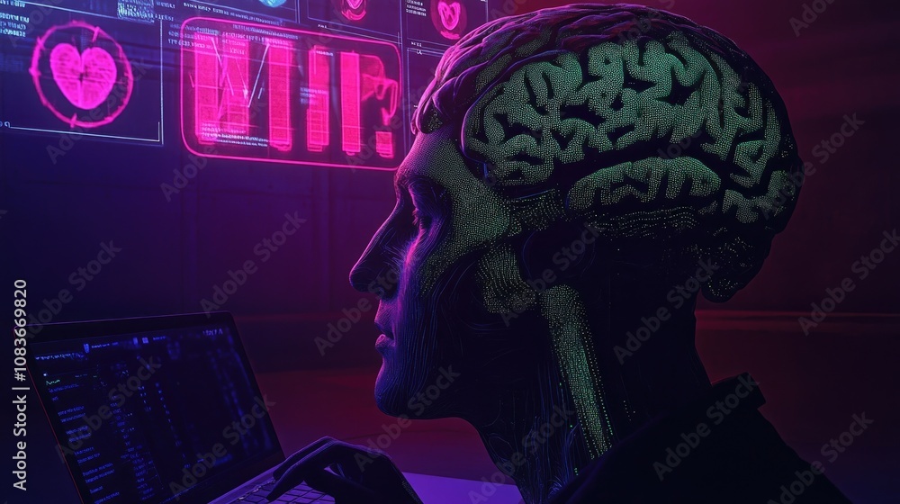 Poster futuristic human-ai interaction with digital brain visualizations and heart monitors in a neon-lit e