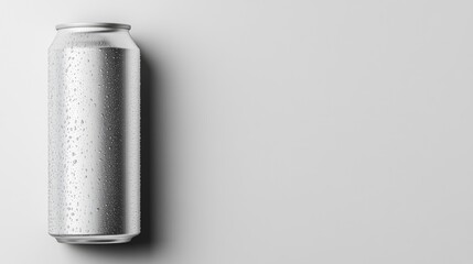Silver beverage can with water droplets on smooth surface, perfect for showcasing drink products or advertising refreshment concepts in modern settings