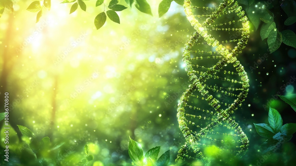 Poster abstract representation of dna helix surrounded by lush greenery with soft light rays illuminating a