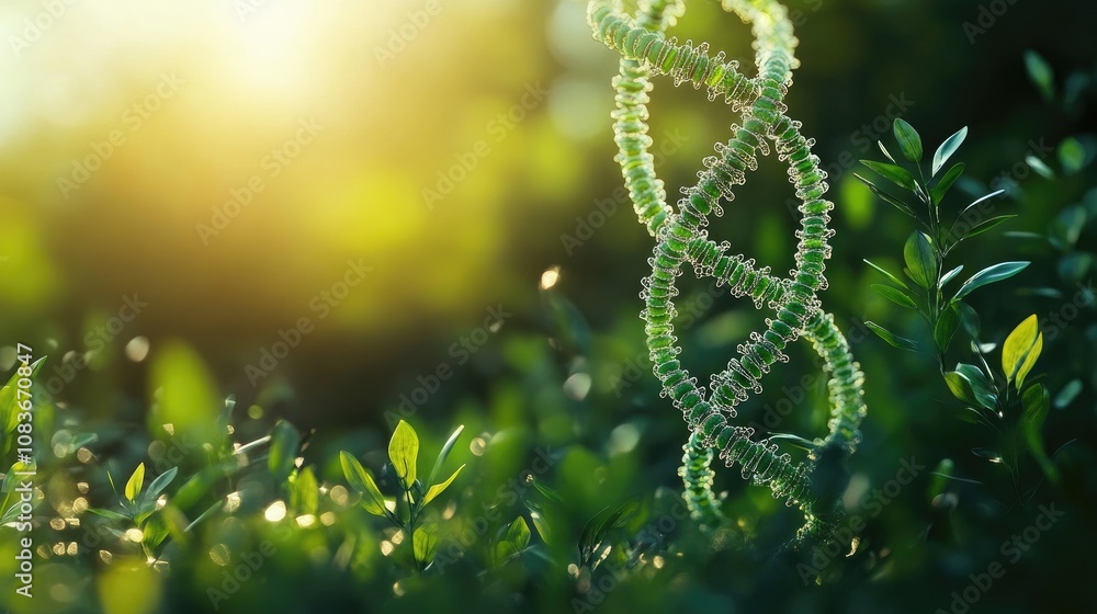 Poster abstract representation of a dna double helix structure emerging from a lush green background, symbo