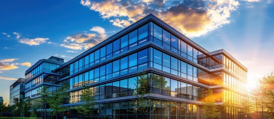 Fototapeta premium Modern office building with glass facade at sunset, commercial real estate concept.