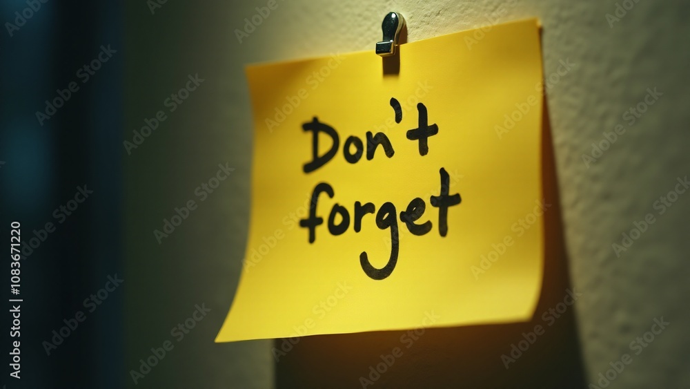 Poster a sticky note clipped to a wall with the handwritten phrase 'don't forget' serving as a reminder for