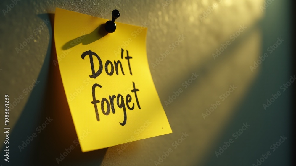 Poster a sticky note clipped to a wall with the handwritten phrase 'don't forget' serving as a reminder for
