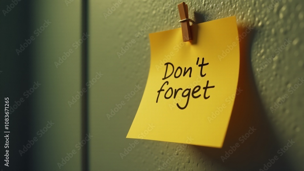 Poster a sticky note clipped to a wall with the handwritten phrase 'don't forget' serving as a reminder for