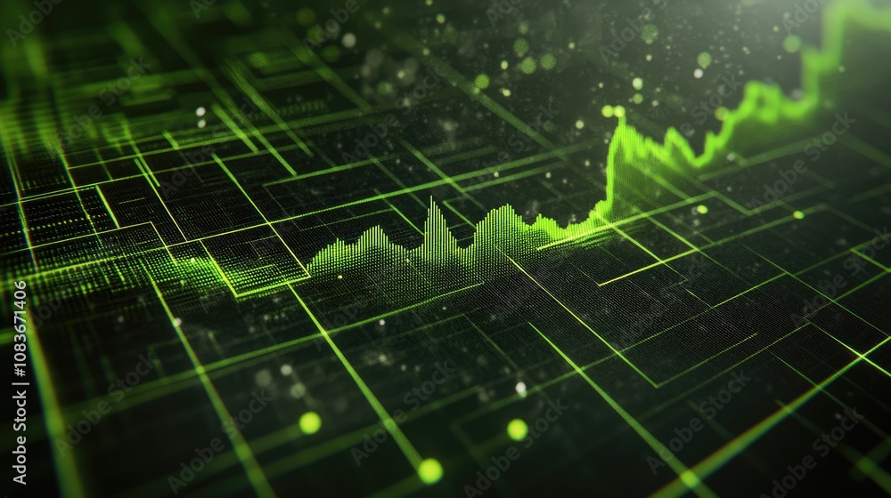 Poster abstract digital background with green line graph representing data trends and financial growth in a