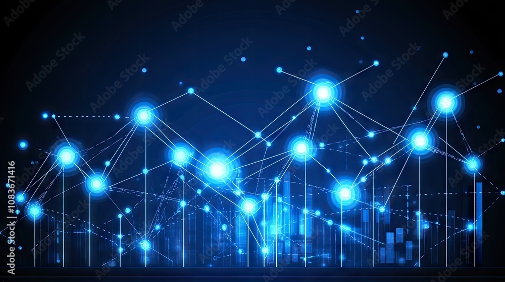 Poster dynamic and bright abstract data visualization with connecting dots and lines, representing digital 
