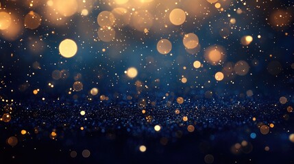 Obraz premium Gold Fireworks and Bokeh Lights on a Dark Blue Background: A Stunning Celebration Scene Ideal for New Year’s Eve, Parties, or Event Posters, with Space for Text and Design Elements