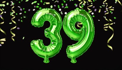 Obraz premium Green birthday / anniversary balloon, number 39, black background with confetti
