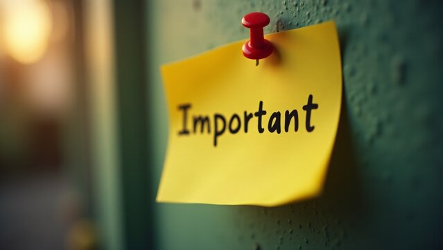 A sticky note pinned to a wall with the handwritten word 'Important' underlined for emphasis. The scene conveys urgency and prioritization, ideal for concepts of reminders, tasks, and critical informa