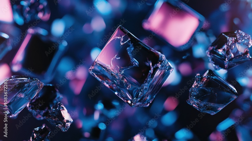 Poster close-up of a transparent crystal with a purple and blue gradient background
