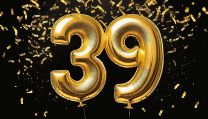 Gold birthday / anniversary balloon, number 39, black background with confetti