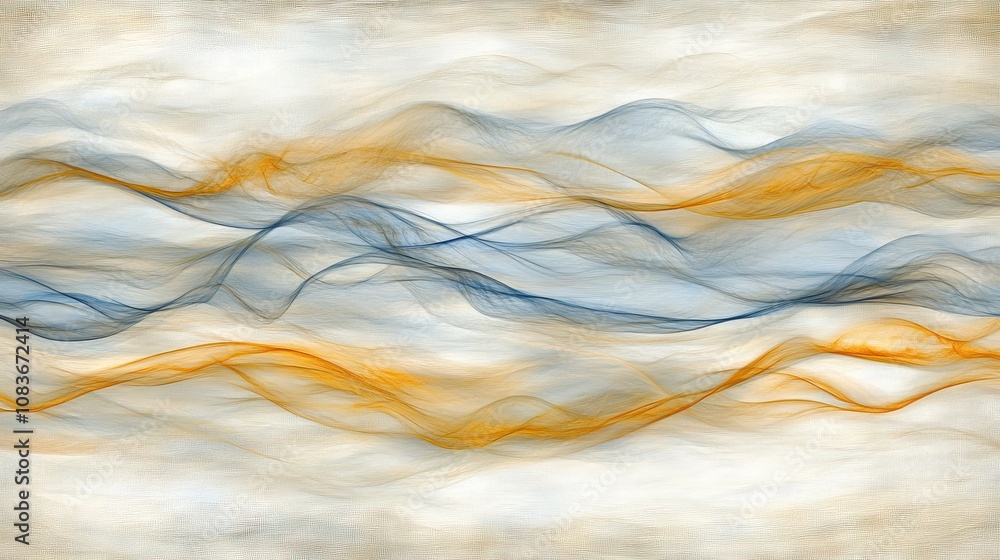 Poster abstract flowing waves in soft shades of blue, orange, and cream with gentle movement creating a tra