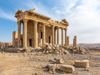 Ancient ruins of a temple with columns, showcasing historical architecture against a blue sky.