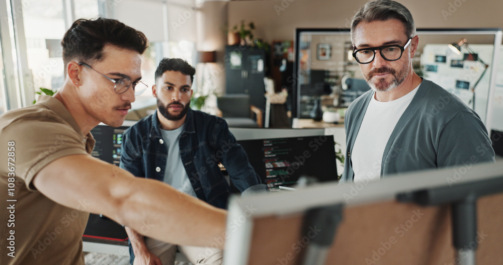Fototapete Programmer, planning and presentation with business people in office for website developer, coding bootcamp and review. Mentor, collaboration and software engineer with employees in tech startup