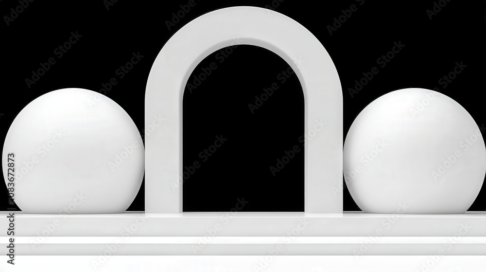 Poster minimalist white archway with spheres 3d render product display abstract background