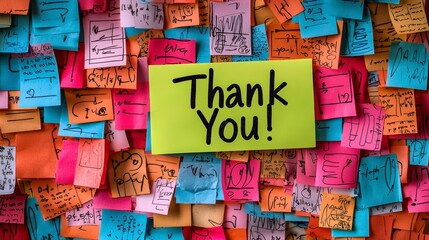 Emerging from an eclectic assortment of multicolored sticky notes, a prominent lime green note showcases a 'Thank You' message, evoking feelings of gratitude and warmth.