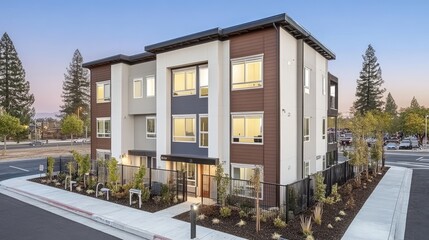 Modern apartment building with stylish architecture, landscaped surroundings, and vibrant tree line in a serene neighborhood during twilight hours